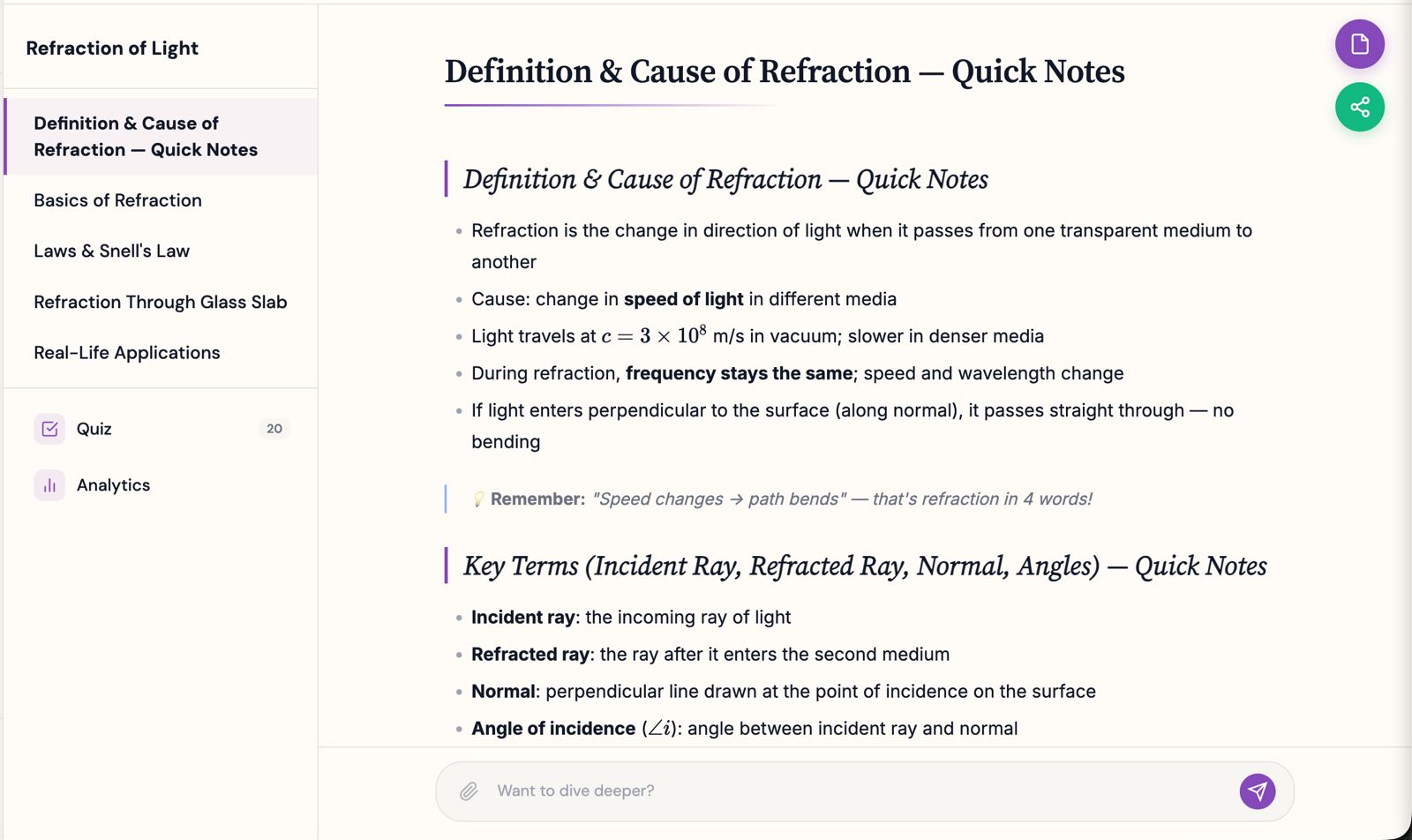 A real lesson generated by socratos.ai: Refraction of Light, with quick notes